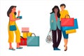 Trendy shopping people. Cartoon women make purchases in store. Females carry bags from boutique. Customers buy clothes