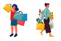 Trendy shopping people. Women make purchases in store. Females carry bags from boutique. Customers buy clothes and food