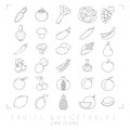 Trendy simple thin line fruits and vegetables icons big set. Healthy
