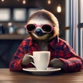 A trendy sloth in hipster glasses and a flannel shirt, sipping coffee at a cafe2