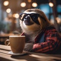 A trendy sloth in hipster glasses and a flannel shirt, sipping coffee at a cafe4