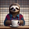 A trendy sloth in hipster glasses and a flannel shirt, sipping coffee at a cafe1