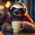 A trendy sloth in hipster glasses and a flannel shirt, sipping coffee at a cafe3