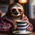 A trendy sloth in hipster glasses and a flannel shirt, sipping coffee at a cafe5