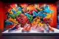 A trendy sneaker store with a 3D urban graffiti wall, set agains Royalty Free Stock Photo