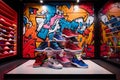 A trendy sneaker store with a 3D urban graffiti wall, set against Royalty Free Stock Photo