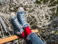 Trendy sneakers and bright socks. Men`s and women`s style Royalty Free Stock Photo