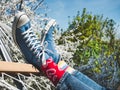 Trendy sneakers and bright socks. Men`s and women`s style Royalty Free Stock Photo