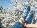 Trendy sneakers and colorful socks. Day light Royalty Free Stock Photo