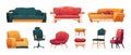 Trendy sofas chairs armchairs. Cartoon comfortable furniture for living room interior, modern couch and armchair with pillows. Royalty Free Stock Photo