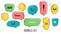 Trendy speech bubbles set in flat design with short messages.Colours doodle speech bubbles