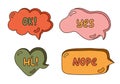 Trendy speech bubbles set with hand drawn talk phrases in different shapes. Online chat clouds with dialog words Oh, Yes Royalty Free Stock Photo