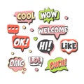 Trendy speech bubbles set for label design. Speech bubbles with short messages. Colorful cartoon detailed Illustrations