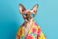 Trendy Sphynx Cat in Floral Shirt and Orange Glasses