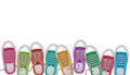 Trendy sports background with colorful sneakers, foot wear. Top view. Space for your text. Vector