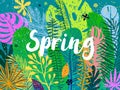 Trendy spring plant card with filled outline flowers, grass, leaves. Vector illustration, great design element for