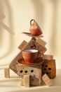 Trendy still life with old bricks, dried plants, balancing cup of coffee and cookies. Previously used objects in modern living