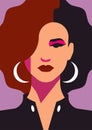 Trendy strong fashion woman face pop art portrait purple makeup poster t shirt print vector flat