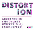 Trendy style distorted glitch typeface. Letters and numbers vector illustration. Glitch font design.