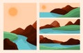 Trendy style landscapes. Art landscape, abstract mountain river graphic background. Skyline sunrise, aesthetic bohemian Royalty Free Stock Photo