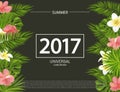 Trendy summer banner, poster with tropical flowers, plants and leaves . Vector universal background with place for text.