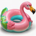 Trendy Summer composition made of pink flamingo inflatable on bright light blue background.