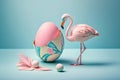 Trendy Summer composition made of pink flamingo inflatable on light background.