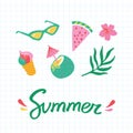 Trendy summer items set. Hand drawn y2k concept design with typography Royalty Free Stock Photo