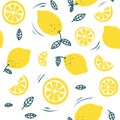 Trendy summer pattern with lemons and white background. Hand drawn lemons design for textile, cases, prints etc. Vector Royalty Free Stock Photo