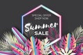 Trendy Summer Sale Template banner. Paper art Tropical palm leaves, plants. Exotic. Hawaiian. Space for text. Hexagon