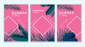 Trendy summer tropical designs templates set. Vivid pink background with various tropical forest leaves. Royalty Free Stock Photo