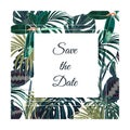 Botanical invitation card template design, green palm leaves on white background,