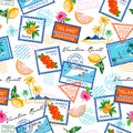 Trendy Summer Vacation Seamless pattern. Travel in Summer Vibes , Stamp , Bird ,Hibiscus flower