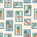 Trendy Summer Vacation Seamless pattern. Travel in Summer Vibes , Stamp , Bird ,Hibiscus flower