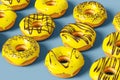 Trendy sunlight Summer pattern made with glazed donut with sprinkles on a grey