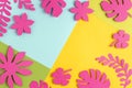 Trendy sunlight tropical frame made with bright pink paper flowers and leaves on blue yellow background, as backdrop or texture. Royalty Free Stock Photo
