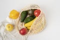 trendy textile cloth bag with fruit, reusable material for natural products