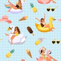 Trendy texture. Seamless pattern with woman floating on inflatable ring and cute summer elements. Vector.