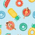 Trendy texture for textile. Seamless pattern with inflatable swimming pool rings in the shape of pineapple, watermelon, and donut.