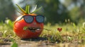 A trendy tomato strutting around the picnic with aviator sungles and a toothpick in its mouth looking like the coolest