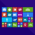 Trendy travel transportation and tourism computer or mobile application app program with icon tool in colorful geometric square b
