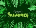 Trendy Tropical green palm leaves in paper cut style. Origami Exotic Hawaiian background