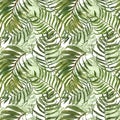 Watercolor tropic leaves and plants seamless pattern. Exotic green palm foliage and leaf on white background. Hand drawn botanical Royalty Free Stock Photo