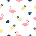 Trendy tropical seamless pattern with pink flamingos, pineapples and monstera leaves Royalty Free Stock Photo