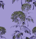 Trendy seamless pattern with silhouettes of chrysanthemum flowers and leaves.