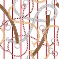 Trendy and unique seamless pattern silver chain ,belt, and summer ropes on red stripe in vector