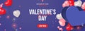 Trendy valentine`s day sale banner template. 3d realistic flat lay party arrangement with heart shaped box, confetti and li