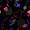 Trendy Valentine`s Day seamless pattern with hearts and geometric symbols in retro memphis style on black background