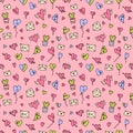 Trendy valentine seamless pattern for wrapping paper, background, textile. Retro style abstract print. Hand drawn illustration