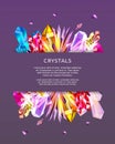Crystal gems and pyramid geometric shapes on violet background trendy vector poster. Banner with geometric polygon